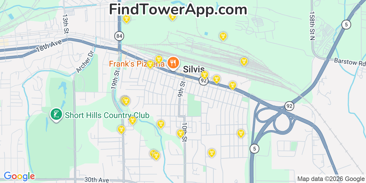 Map showing the 20 primary cell tower locations detected in Silvis, Illinois from AT&T, Verizon, and T-Mobile networks