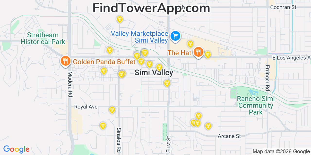 Map showing the 20 primary cell tower locations detected in Simi Valley, California from AT&T, Verizon, and T-Mobile networks