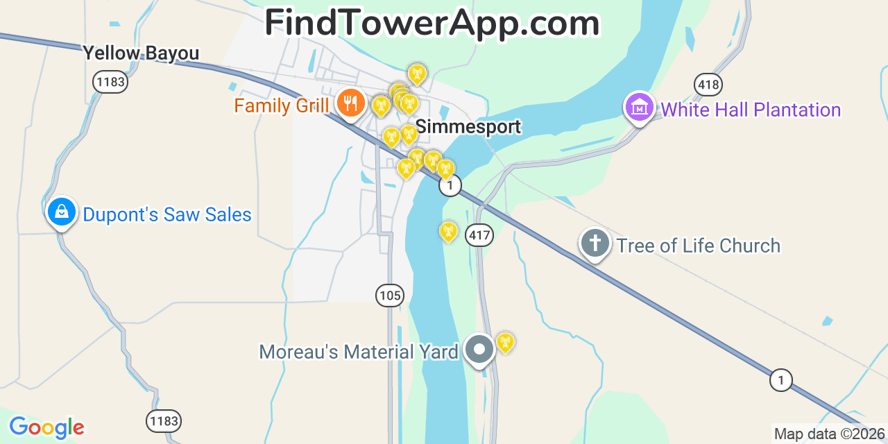 Map showing the 20 primary cell tower locations detected in Simmesport, Louisiana from AT&T, Verizon, and T-Mobile networks