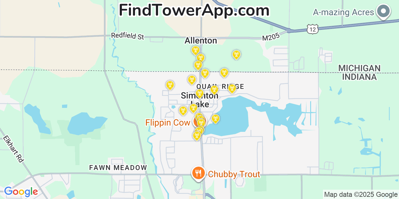Map showing the 20 primary cell tower locations detected in Simonton Lake, Indiana from AT&T, Verizon, and T-Mobile networks