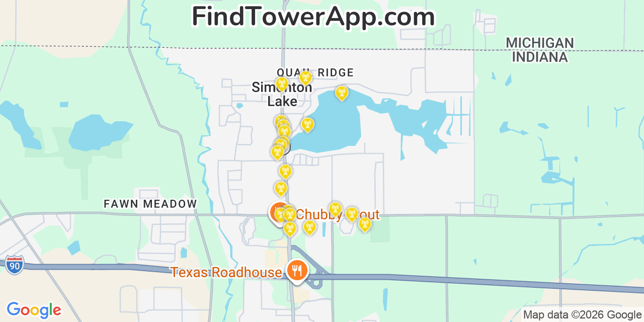 Map showing the 20 primary cell tower locations detected in Simonton Lake, Indiana from AT&T, Verizon, and T-Mobile networks