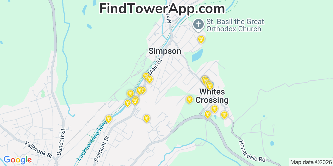 Map showing the 20 primary cell tower locations detected in Simpson, Pennsylvania from AT&T, Verizon, and T-Mobile networks