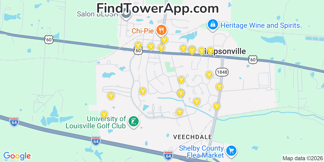 Map showing the 20 primary cell tower locations detected in Simpsonville, Kentucky from AT&T, Verizon, and T-Mobile networks