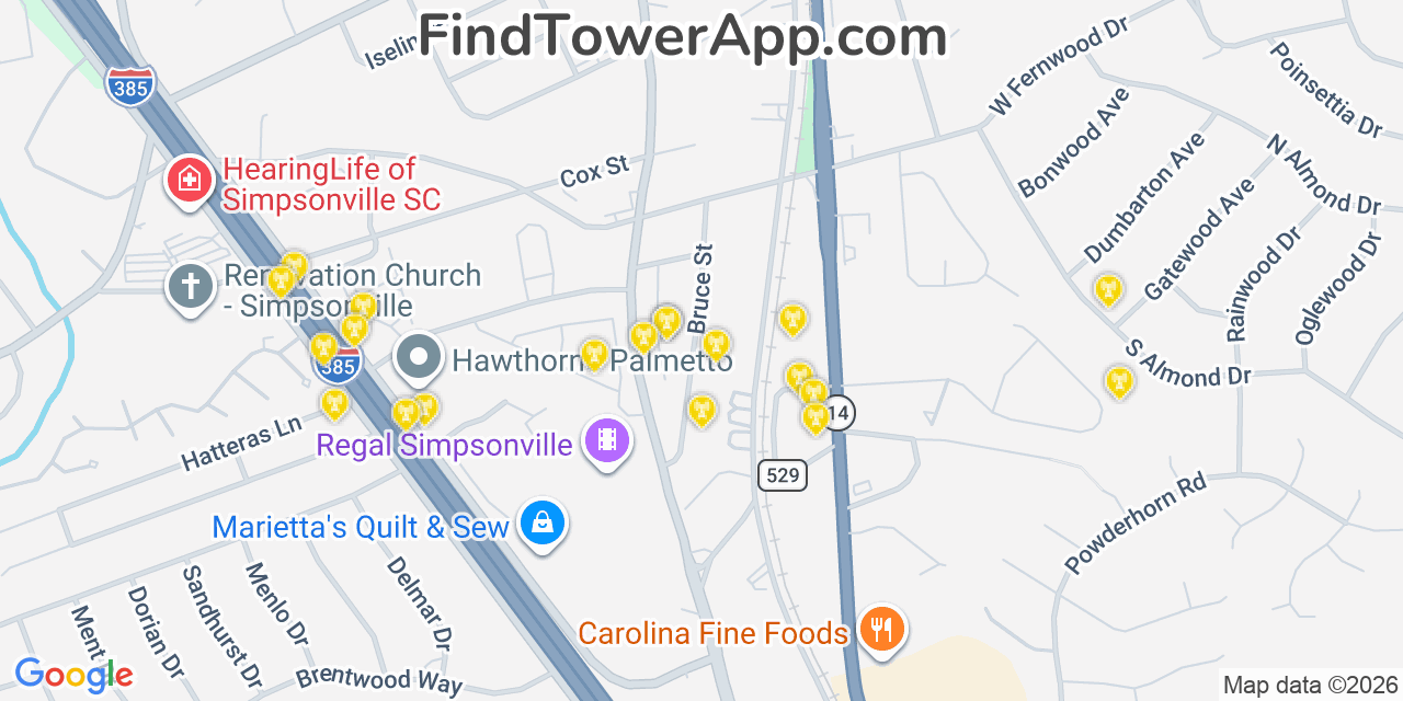 Map showing the 20 primary cell tower locations detected in Simpsonville, South Carolina from AT&T, Verizon, and T-Mobile networks