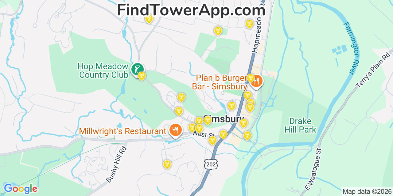 Map showing the 20 primary cell tower locations detected in Simsbury Center, Connecticut from AT&T, Verizon, and T-Mobile networks