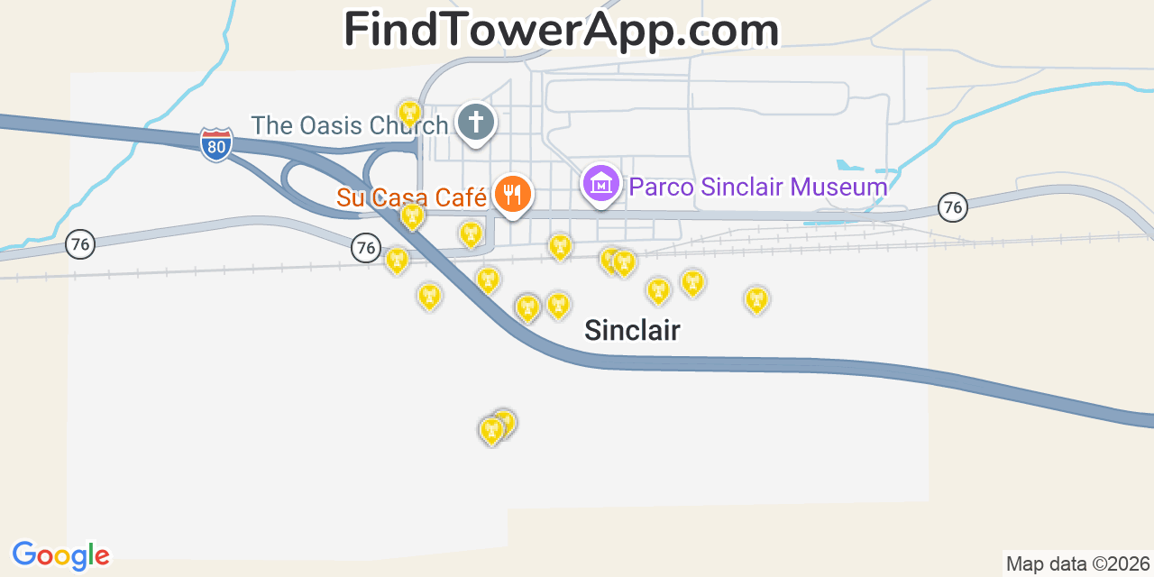 Map showing the 20 primary cell tower locations detected in Sinclair, Wyoming from AT&T, Verizon, and T-Mobile networks