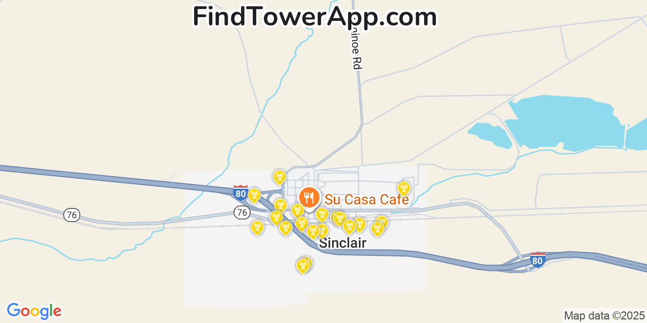 Map showing the 20 primary Verizon cell tower locations detected in Sinclair, Wyoming with coverage radius and signal strength indicators