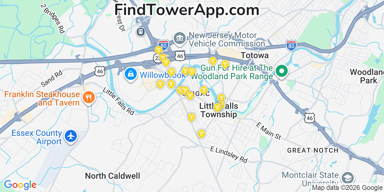 Map showing the 20 primary cell tower locations detected in Singac, New Jersey from AT&T, Verizon, and T-Mobile networks