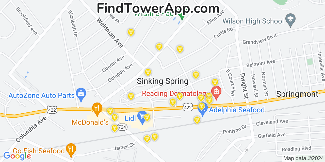 AT&T 4G/5G cell tower coverage map Sinking Spring, Pennsylvania