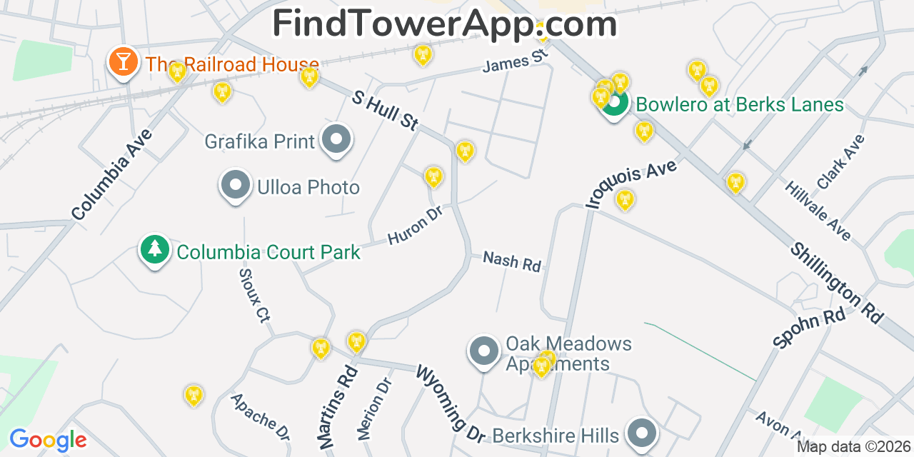Map showing the 20 primary cell tower locations detected in Sinking Spring, Pennsylvania from AT&T, Verizon, and T-Mobile networks