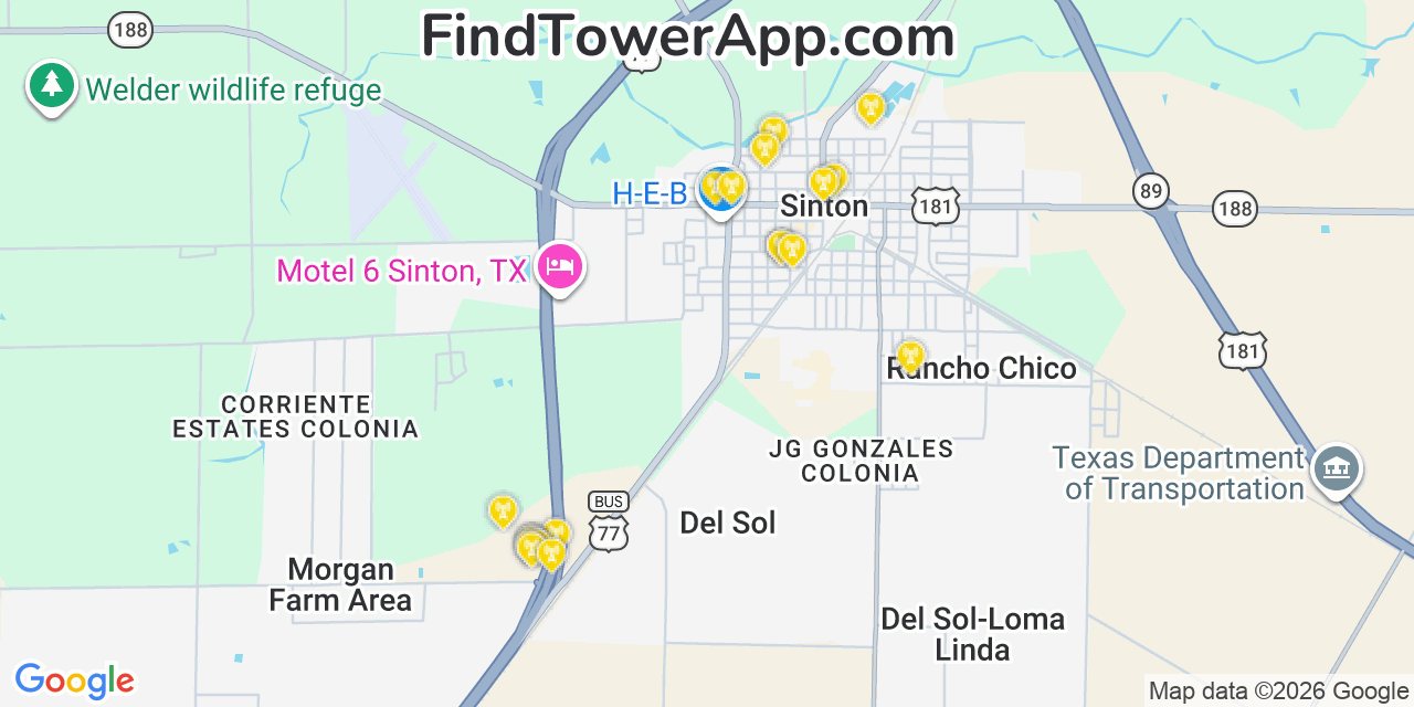 Map showing the 20 primary cell tower locations detected in Sinton, Texas from AT&T, Verizon, and T-Mobile networks