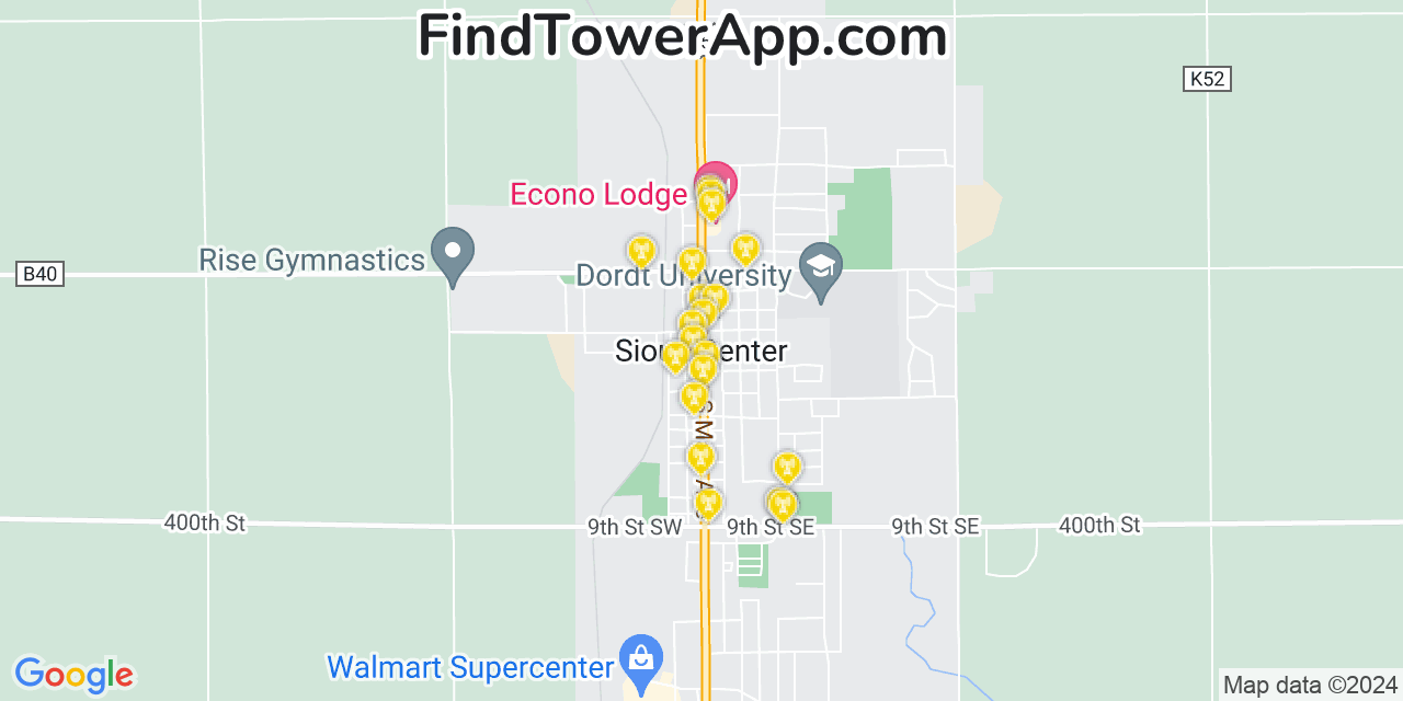 AT&T 4G/5G cell tower coverage map Sioux Center, Iowa