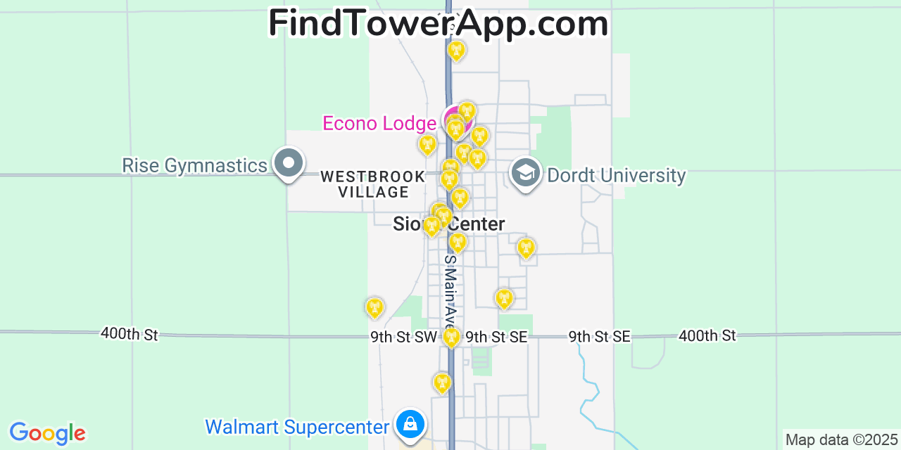 Map showing the 20 primary cell tower locations detected in Sioux Center, Iowa from AT&T, Verizon, and T-Mobile networks