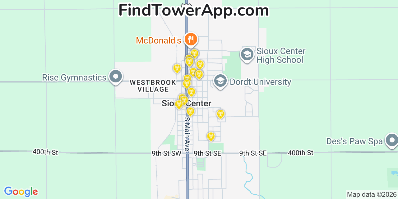 Map showing the 20 primary cell tower locations detected in Sioux Center, Iowa from AT&T, Verizon, and T-Mobile networks