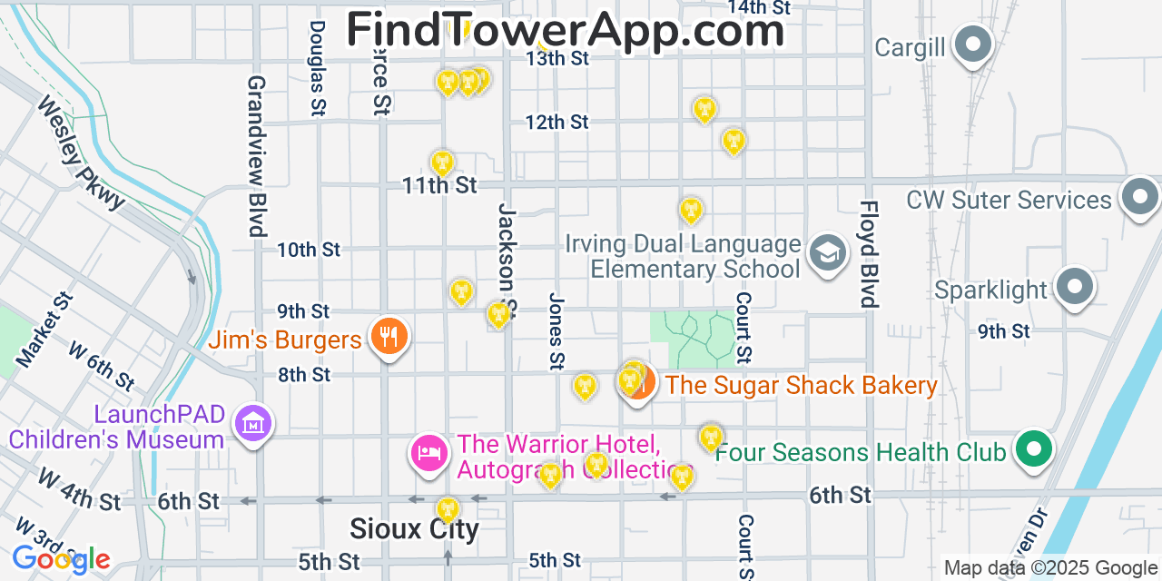 Map showing the 20 primary cell tower locations detected in Sioux City, Iowa from AT&T, Verizon, and T-Mobile networks