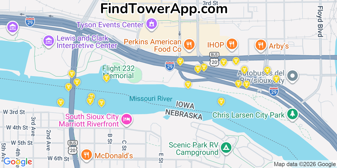 Map showing the 20 primary cell tower locations detected in Sioux City, Iowa from AT&T, Verizon, and T-Mobile networks