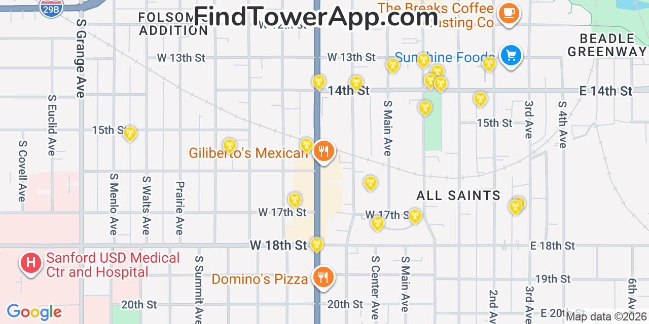 Map showing the 20 primary cell tower locations detected in Sioux Falls, South Dakota from AT&T, Verizon, and T-Mobile networks