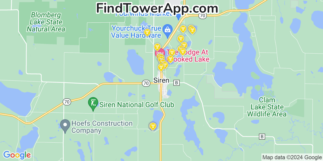 AT&T 4G/5G cell tower coverage map Siren, Wisconsin