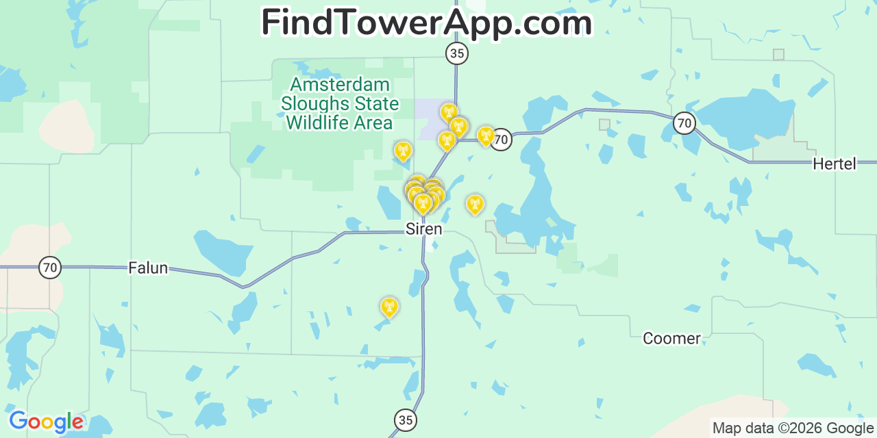 Map showing the 20 primary cell tower locations detected in Siren, Wisconsin from AT&T, Verizon, and T-Mobile networks