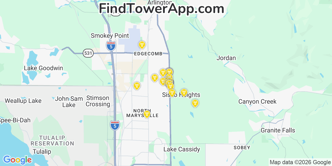Map showing the 20 primary cell tower locations detected in Sisco Heights, Washington from AT&T, Verizon, and T-Mobile networks
