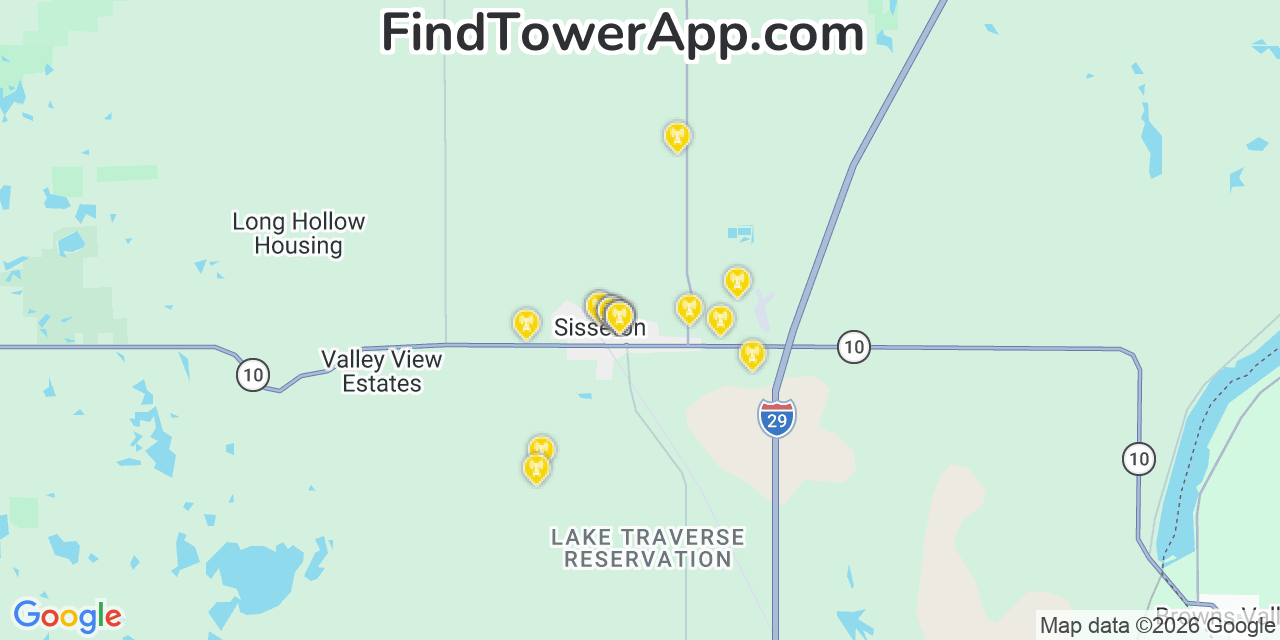 Map showing the 20 primary cell tower locations detected in Sisseton, South Dakota from AT&T, Verizon, and T-Mobile networks