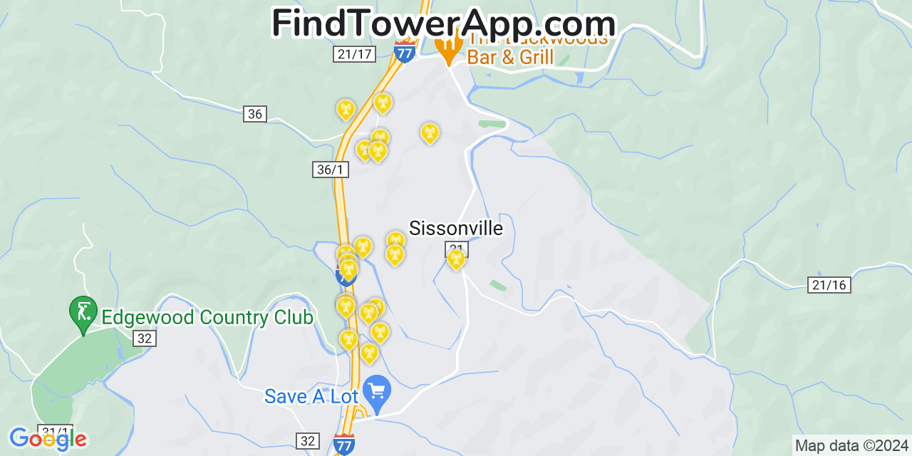 AT&T 4G/5G cell tower coverage map Sissonville, West Virginia