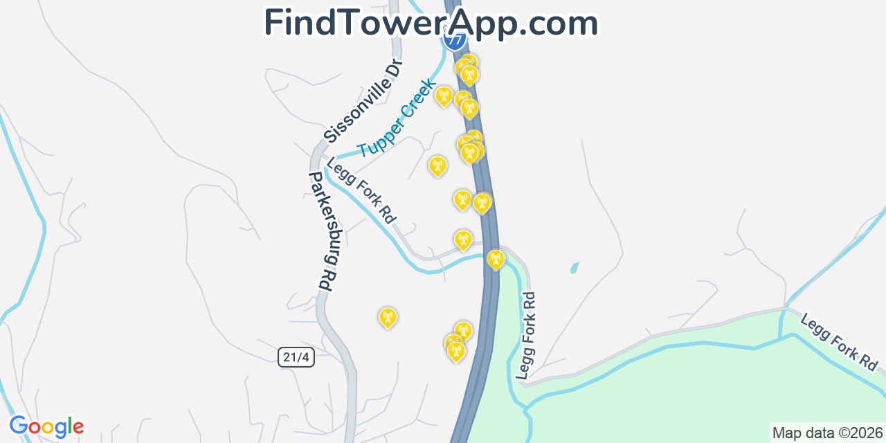 Map showing the 20 primary cell tower locations detected in Sissonville, West Virginia from AT&T, Verizon, and T-Mobile networks