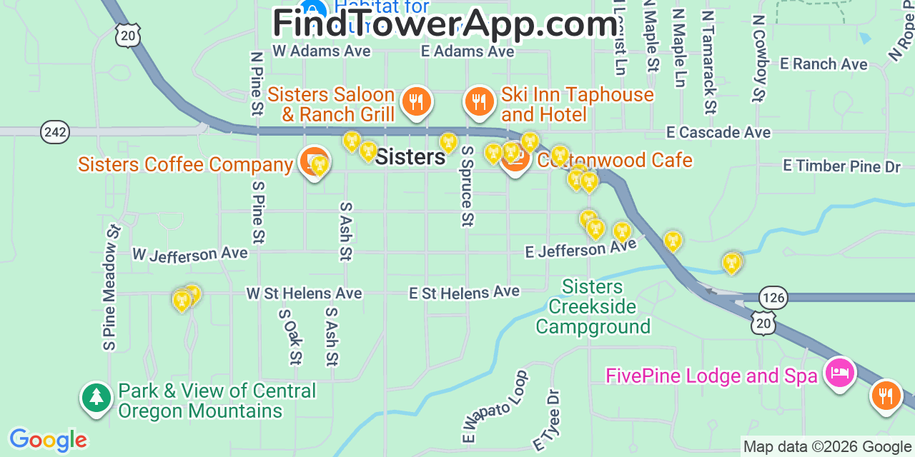 Map showing the 20 primary cell tower locations detected in Sisters, Oregon from AT&T, Verizon, and T-Mobile networks