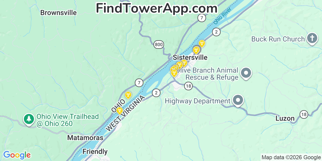 Map showing the 20 primary cell tower locations detected in Sistersville, West Virginia from AT&T, Verizon, and T-Mobile networks