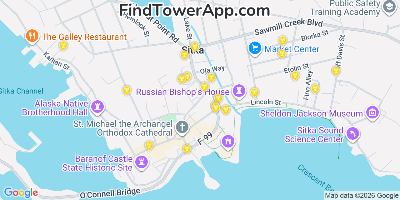 Map showing the 20 primary cell tower locations detected in Sitka, Alaska from AT&T, Verizon, and T-Mobile networks