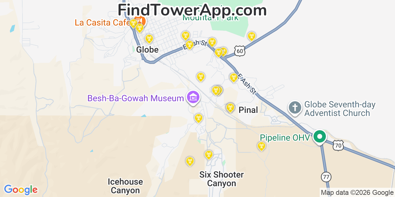 Map showing the 20 primary cell tower locations detected in Six Shooter Canyon, Arizona from AT&T, Verizon, and T-Mobile networks