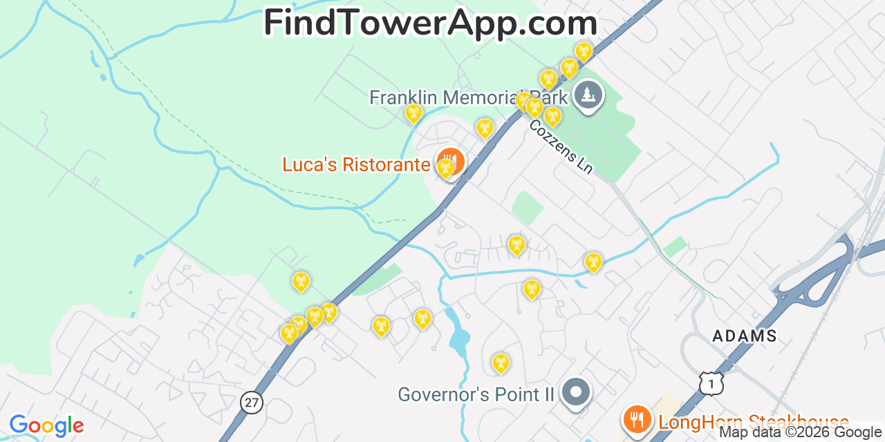 Map showing the 20 primary cell tower locations detected in Sixmile Run, New Jersey from AT&T, Verizon, and T-Mobile networks