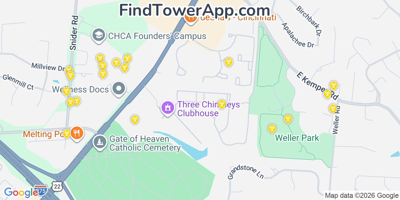 Map showing the 20 primary cell tower locations detected in Sixteen Mile Stand, Ohio from AT&T, Verizon, and T-Mobile networks
