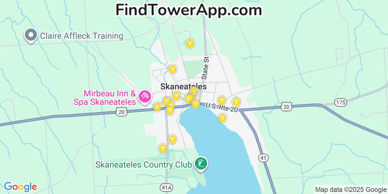 Map showing the 20 primary cell tower locations detected in Skaneateles, New York from AT&T, Verizon, and T-Mobile networks