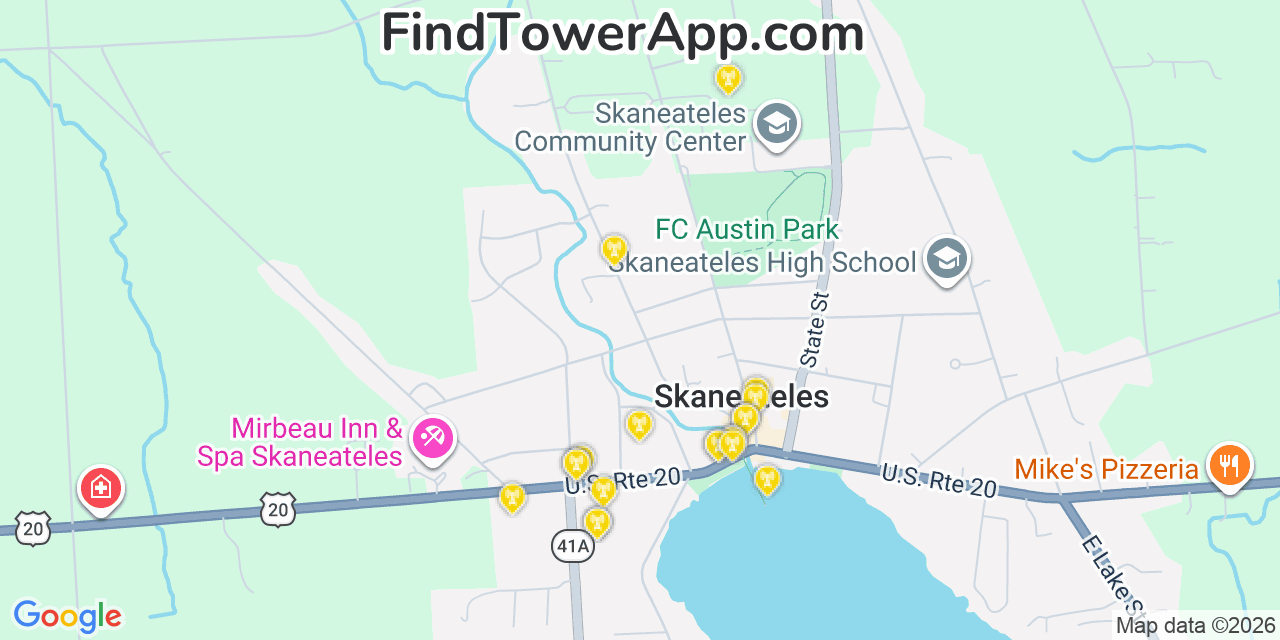 Map showing the 20 primary cell tower locations detected in Skaneateles, New York from AT&T, Verizon, and T-Mobile networks