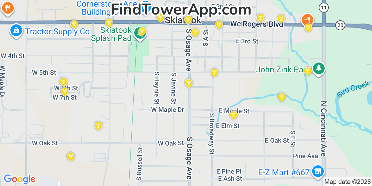 Map showing the 20 primary cell tower locations detected in Skiatook, Oklahoma from AT&T, Verizon, and T-Mobile networks