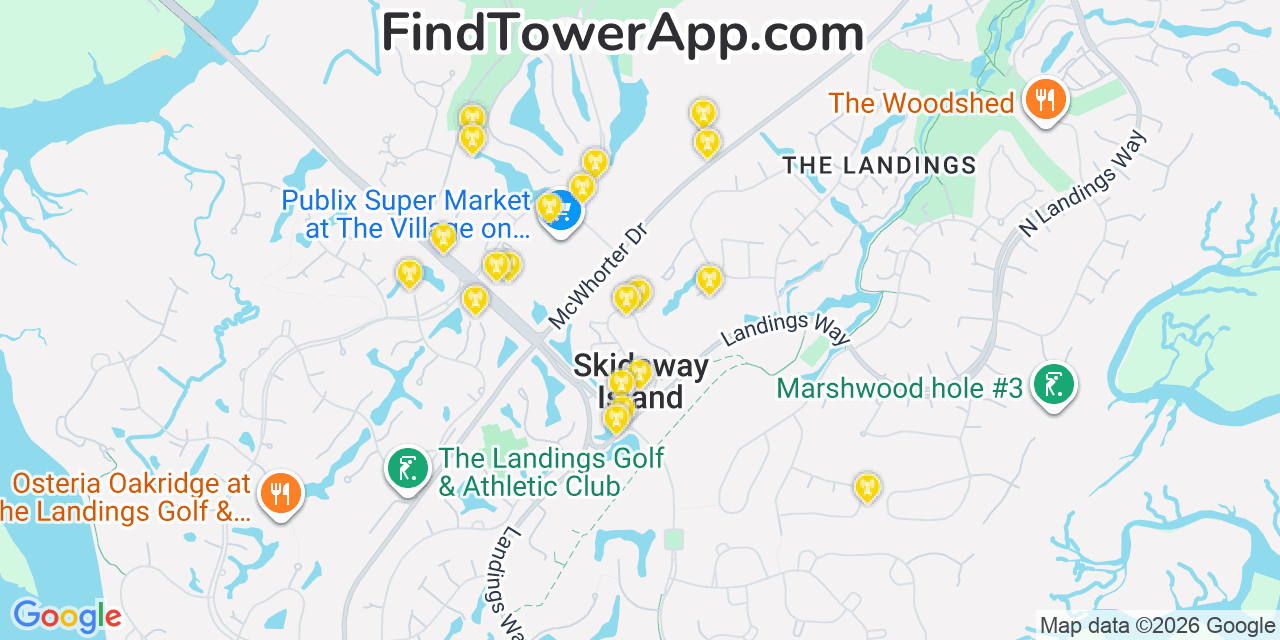 Map showing the 20 primary cell tower locations detected in Skidaway Island, Georgia from AT&T, Verizon, and T-Mobile networks