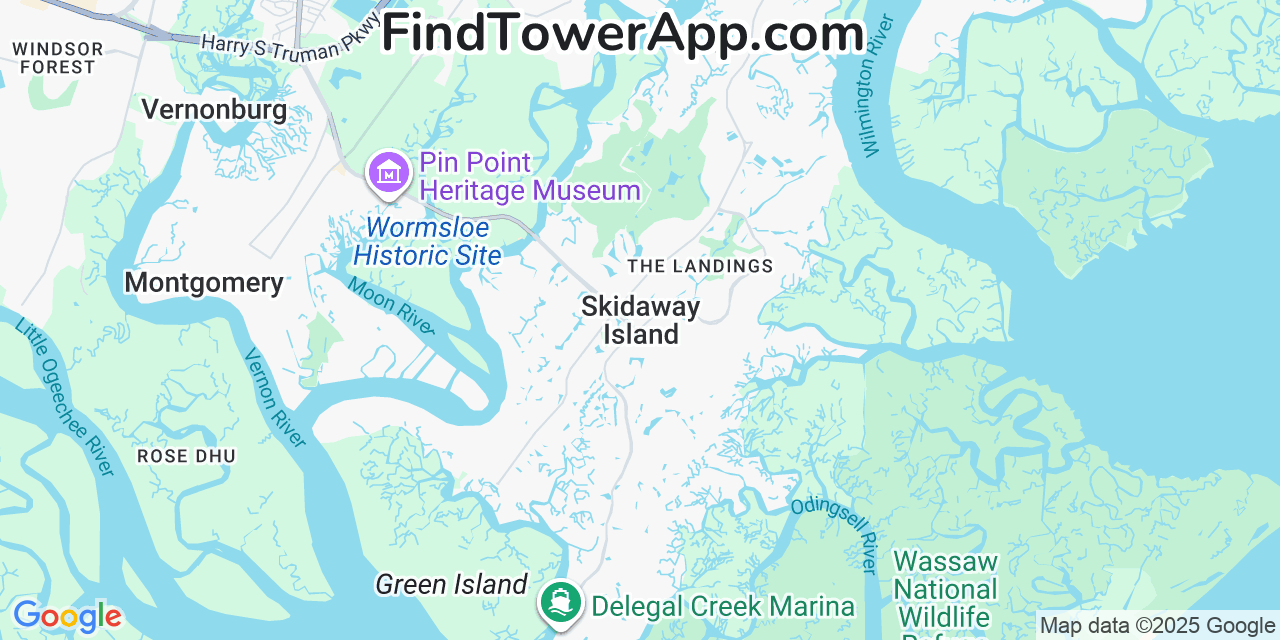 Map showing the 20 primary Mobitel cell tower locations detected in Skidaway Island, Georgia with coverage radius and signal strength indicators
