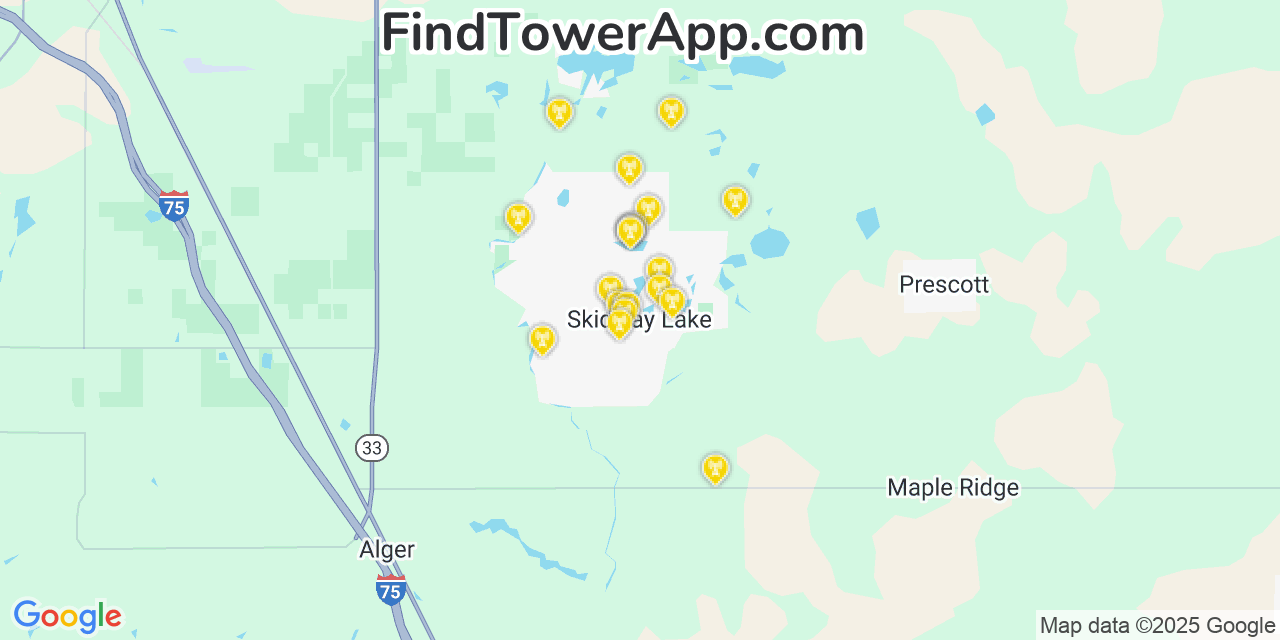 Map showing the 20 primary cell tower locations detected in Skidway Lake, Michigan from AT&T, Verizon, and T-Mobile networks