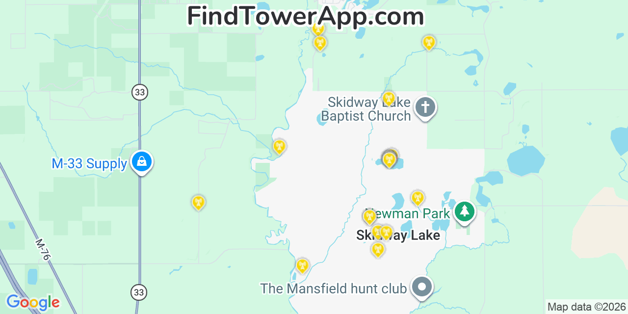 Map showing the 20 primary cell tower locations detected in Skidway Lake, Michigan from AT&T, Verizon, and T-Mobile networks