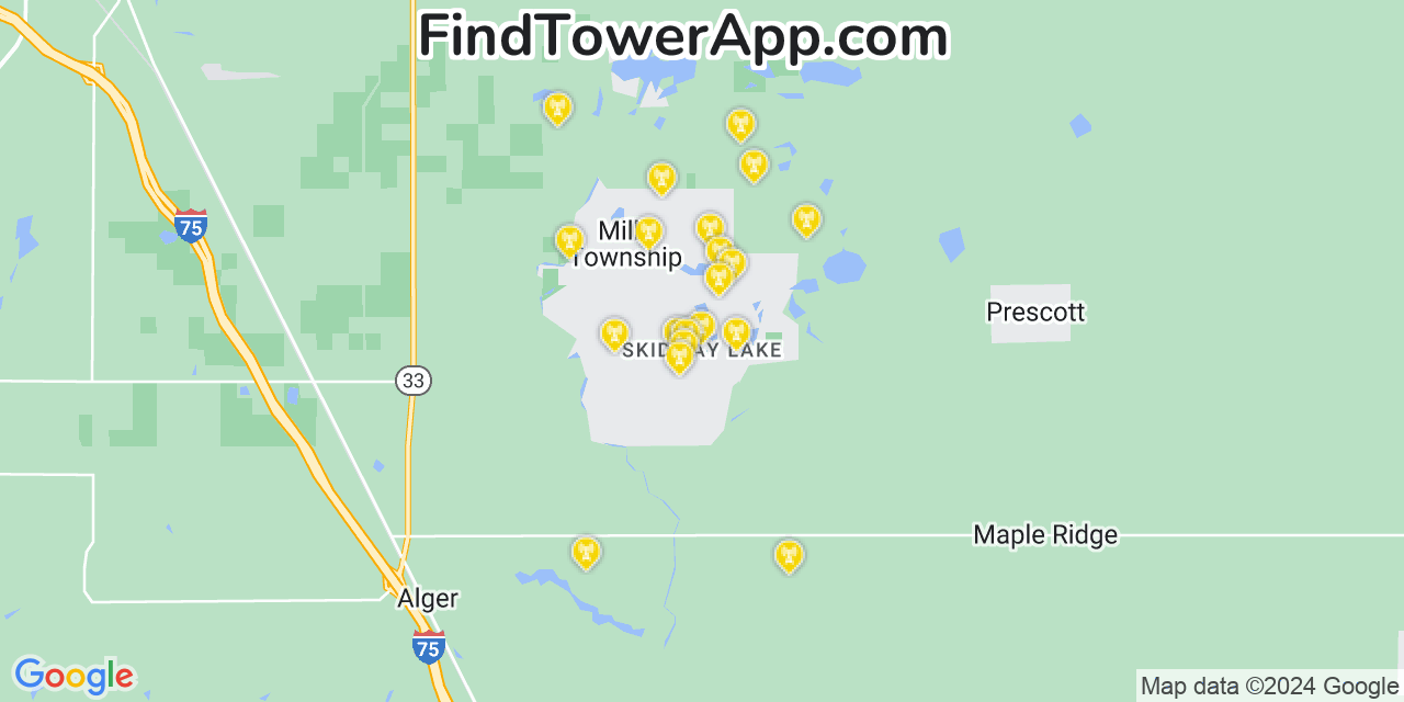 Verizon 4G/5G cell tower coverage map Skidway Lake, Michigan