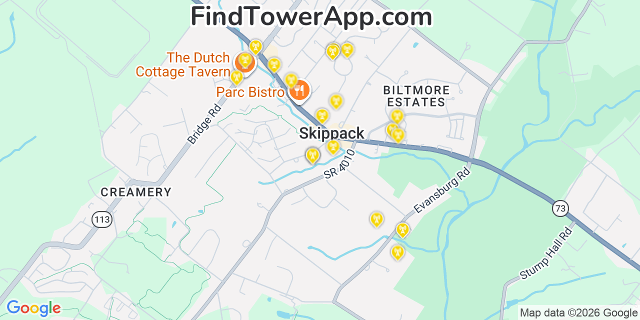 Map showing the 20 primary cell tower locations detected in Skippack, Pennsylvania from AT&T, Verizon, and T-Mobile networks