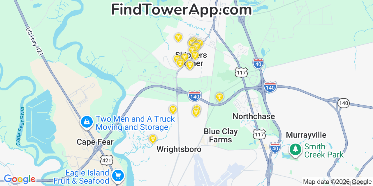 Map showing the 20 primary cell tower locations detected in Skippers Corner, North Carolina from AT&T, Verizon, and T-Mobile networks