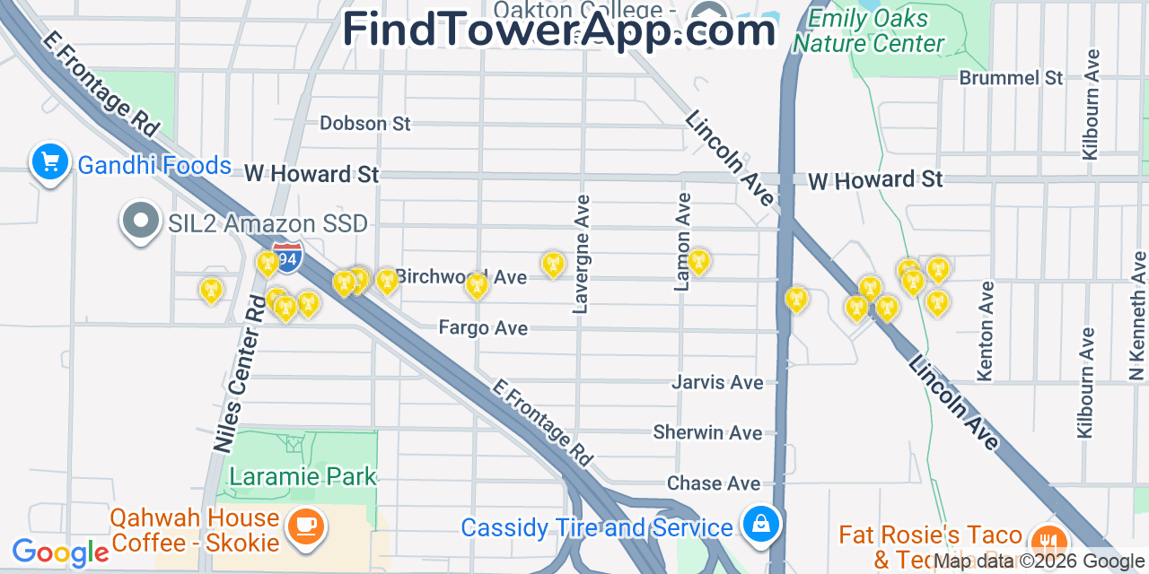 Map showing the 20 primary cell tower locations detected in Skokie, Illinois from AT&T, Verizon, and T-Mobile networks