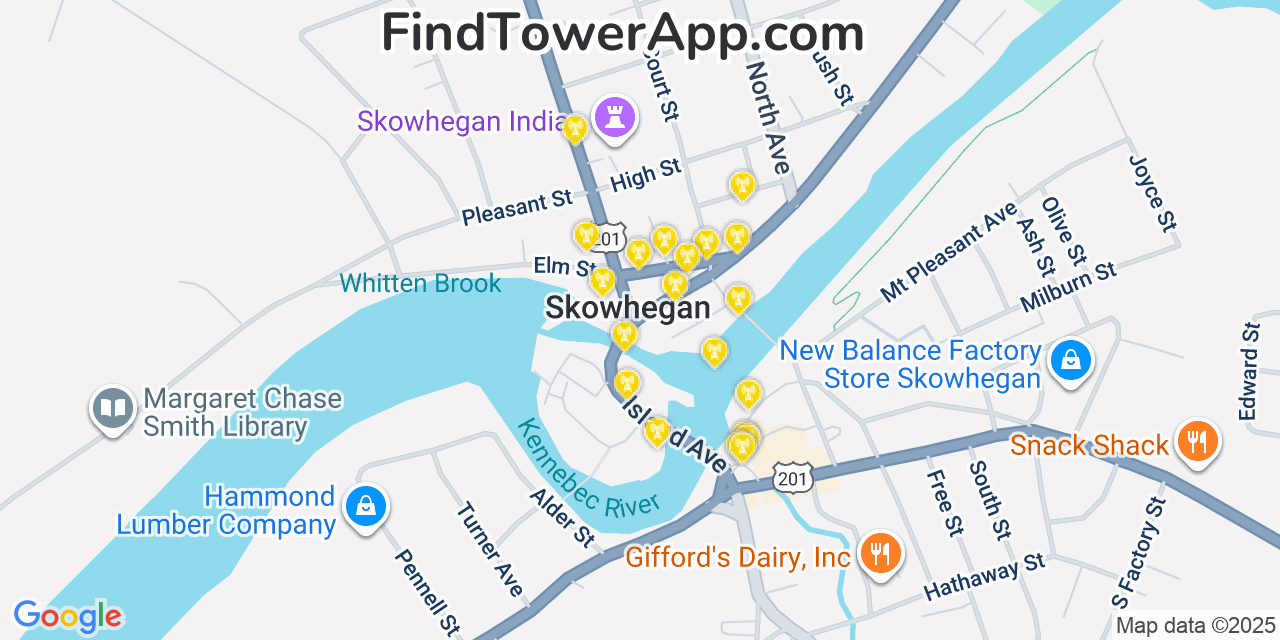 Map showing the 20 primary cell tower locations detected in Skowhegan, Maine from AT&T, Verizon, and T-Mobile networks