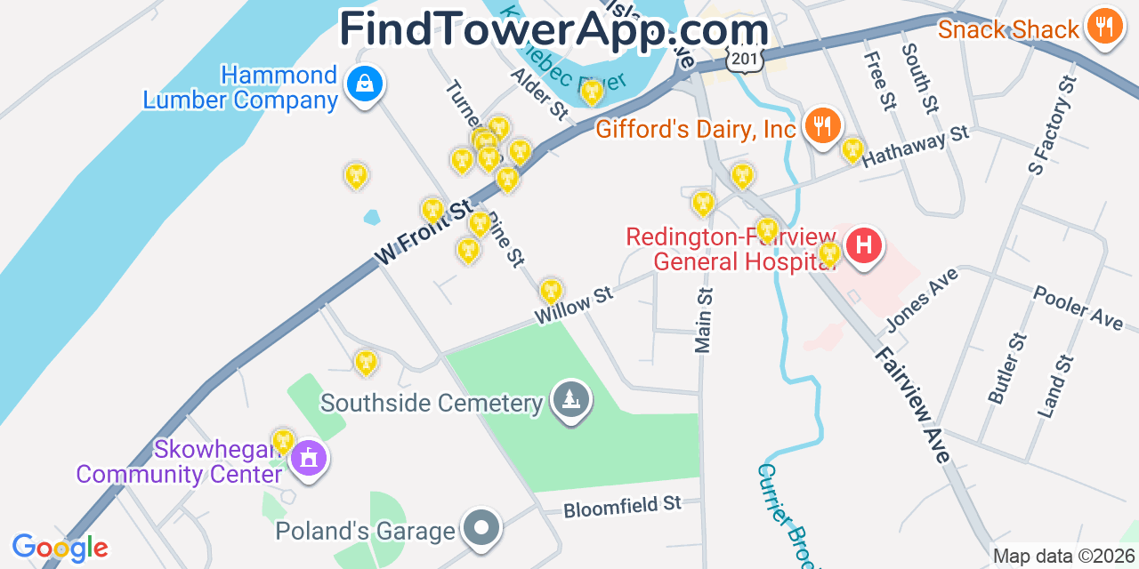 Map showing the 20 primary cell tower locations detected in Skowhegan, Maine from AT&T, Verizon, and T-Mobile networks