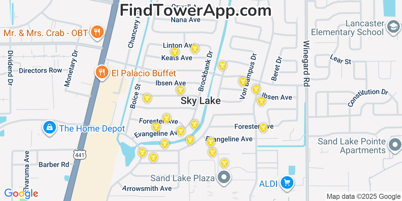 Map showing the 20 primary cell tower locations detected in Sky Lake, Florida from AT&T, Verizon, and T-Mobile networks