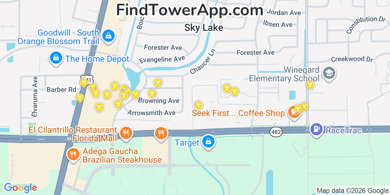 Map showing the 20 primary cell tower locations detected in Sky Lake, Florida from AT&T, Verizon, and T-Mobile networks