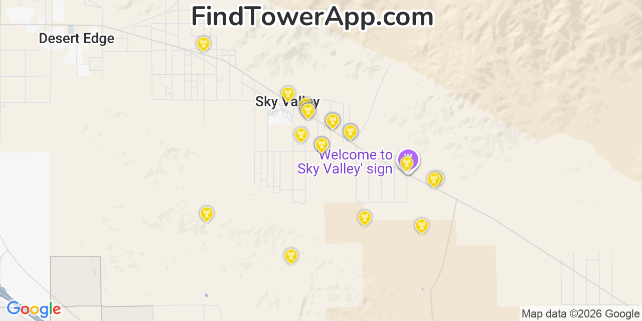 Map showing the 20 primary cell tower locations detected in Sky Valley, California from AT&T, Verizon, and T-Mobile networks