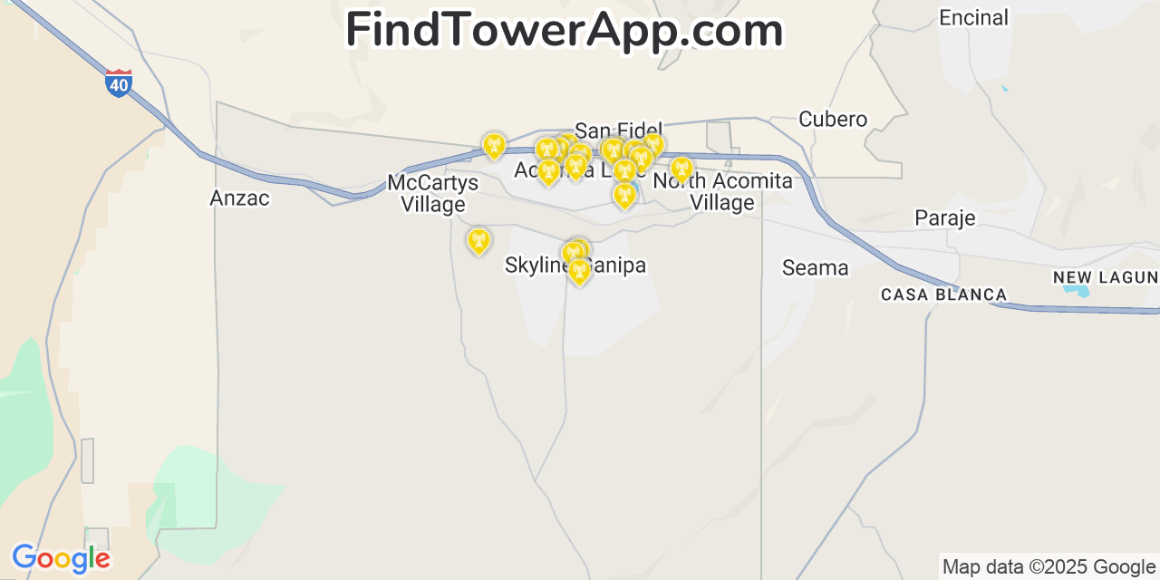 Map showing the 20 primary cell tower locations detected in Skyline-Ganipa, New Mexico from AT&T, Verizon, and T-Mobile networks